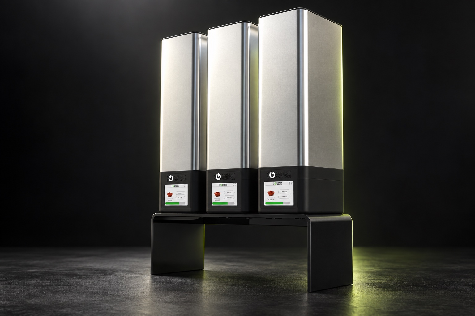 Studio visualization of three stainless-steel Condiment Concierge dispensers with subtle green rim lighting